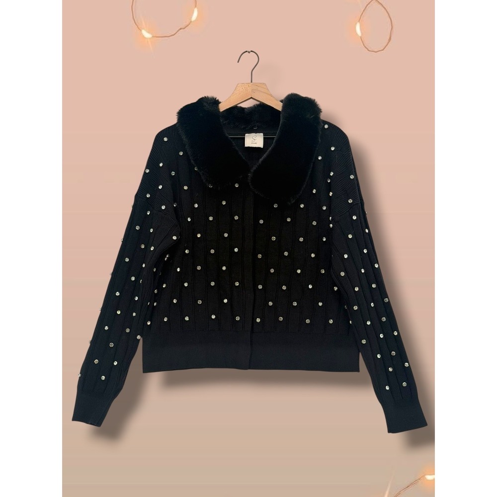 Sioni Rhinestone Embellished Faux Fur Collar Cable Knit Cardigan Black OS